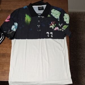 Floral Black and White Polo Shirt